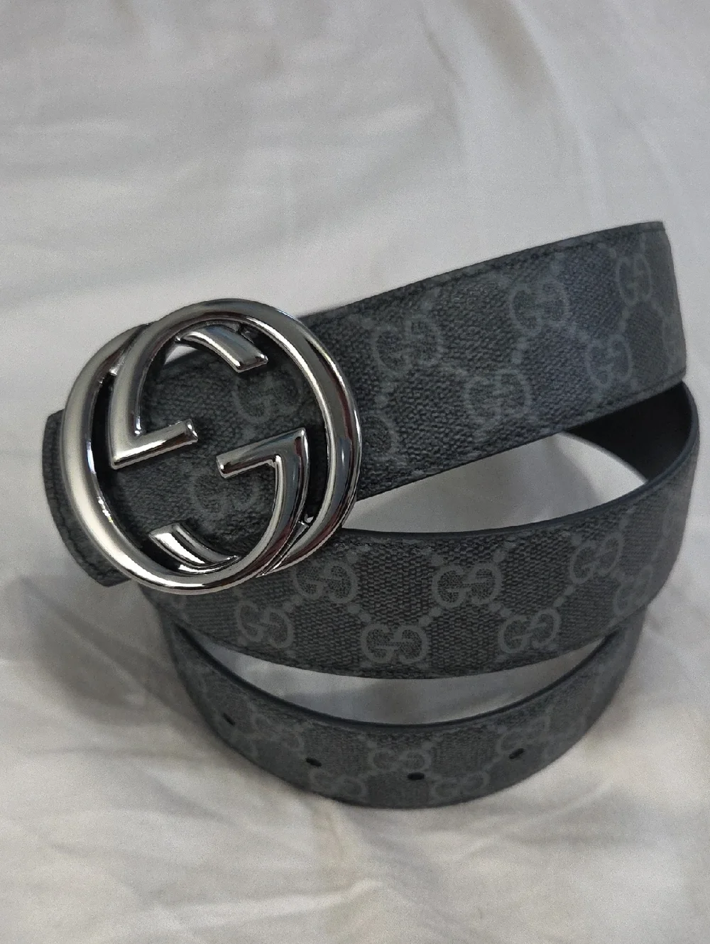 Gucci Reversible Gray Monogram GG Leather Belt with Silver Double G Buckle